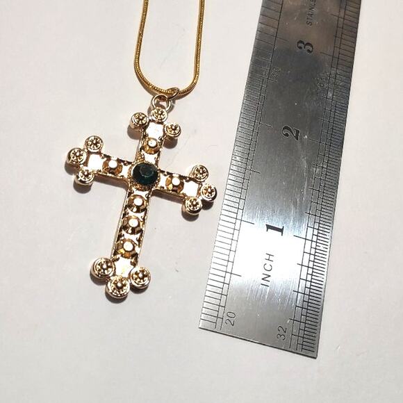 18k Gold Plated Necklace Cross Catholic Green Zircon Birthday Valentines Gift